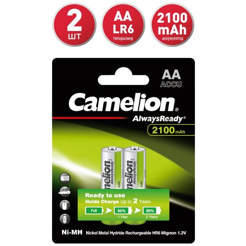 Аккумулятор бытовой Camelion R6 AA BL2 NI-MH Always Ready 2100mAh аккумулятор ni mh 2500 ма·ч 1 2 в camelion always ready aa в упаковке 2 шт