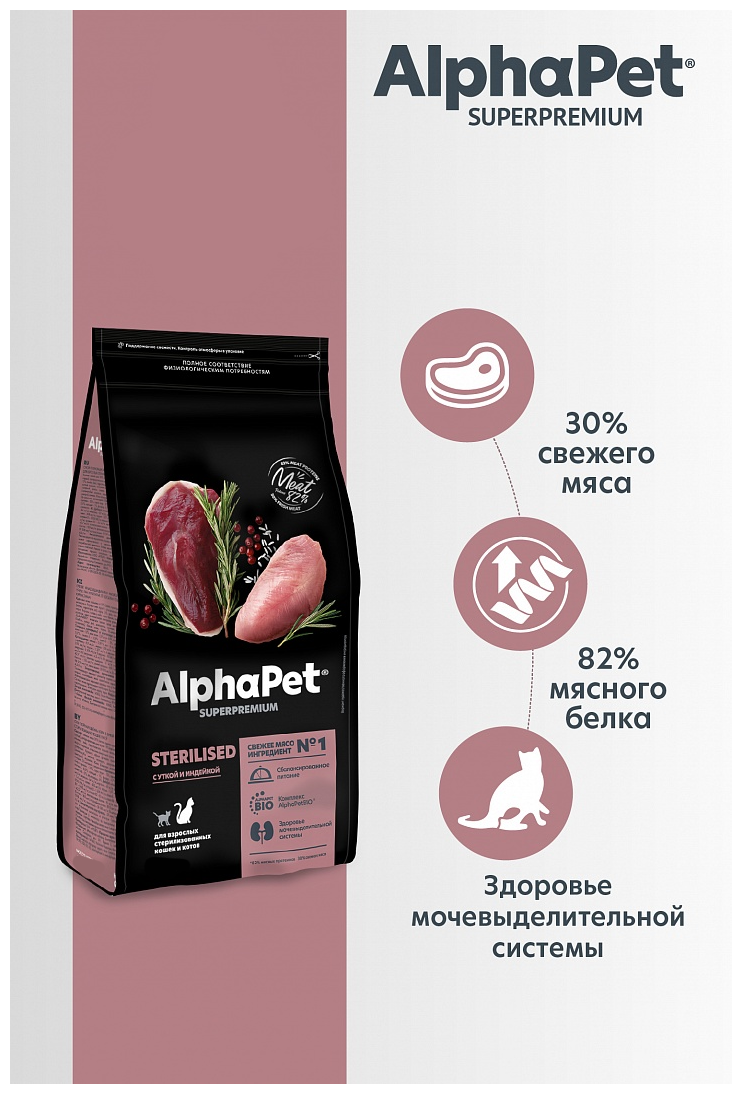 AlphaPet Superpremium сухой корм для взрослых стерилизованных кошек и котов с уткой и индейкой