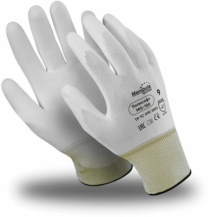 Перчатки защитные полиэфир/полиуретан белый Manipula полисофт (MG-166) р.8