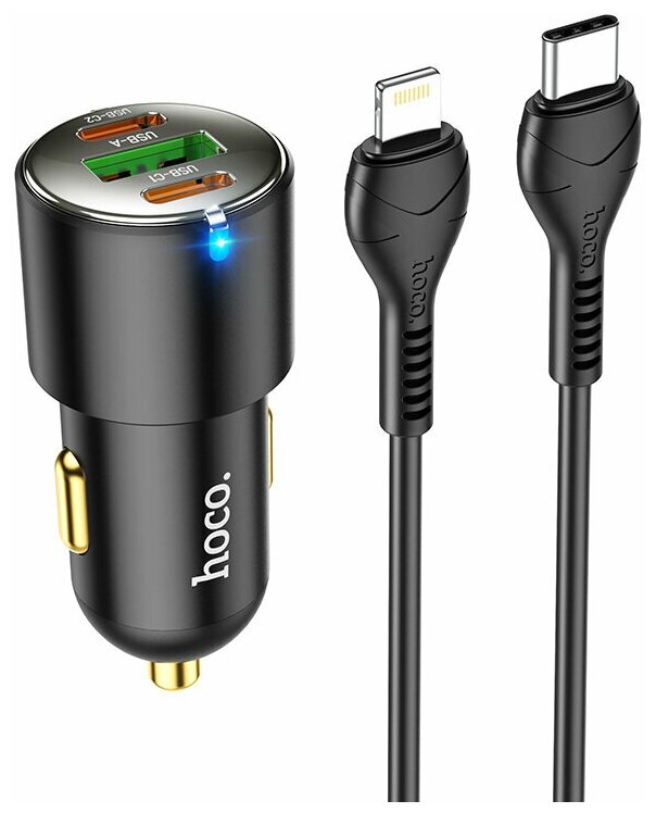 Блок питания автомобильный 2 Type-C, USB HOCO, NZ6, 2100mA, пластик, алюминий, PD45W, QC3.0, кабель Type-C, Type-C, 1.0м, цвет: чёрный
