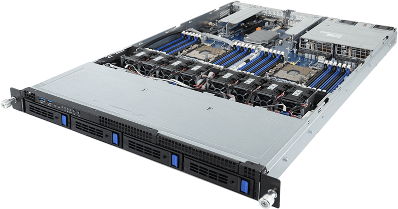 Сервер GIGABYTE R181-340 (rev. 100) без процессора/без ОЗУ/без накопителей/количество отсеков 3.5" hot swap: 4/2 x 1200 Вт/LAN 1 Гбит/c