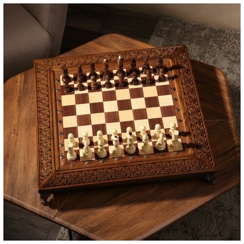 шахматы подарочные ручной работы дуб презент с нардами Шахматы ручной работы Гроссмейстер глубокая резка, на ножках, 55х55 см 9079210