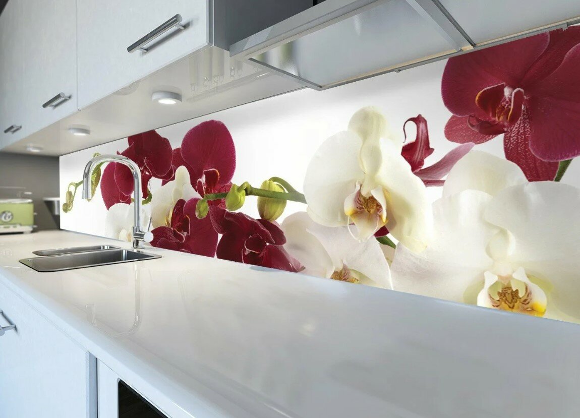 Фартук для кухни из АБС пластика "Орхидеи на белом" 4000*600*1,5мм. Кухонный фартук ABS с фотопечатью. - фотография № 2
