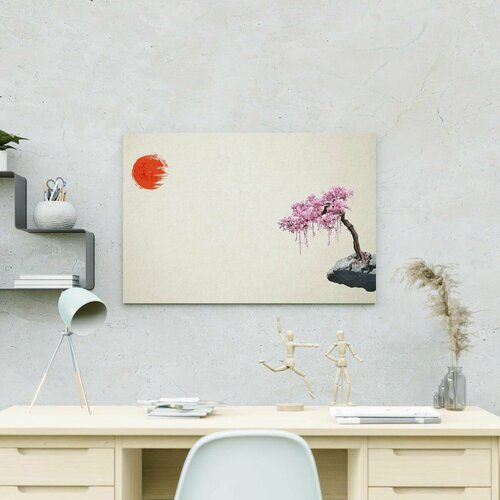 Интерьерная картина на натуральном холсте - Сакура на закате, минимализм, 30 х 40 см.