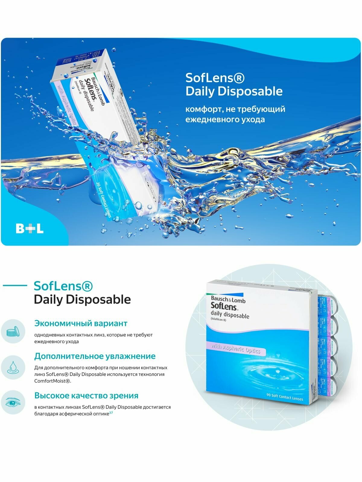 Изображение Однодневные контактные линзы Bausch&Lomb SofLens Daily Disposable 30 pk (BC 8.6; D -3.25)
