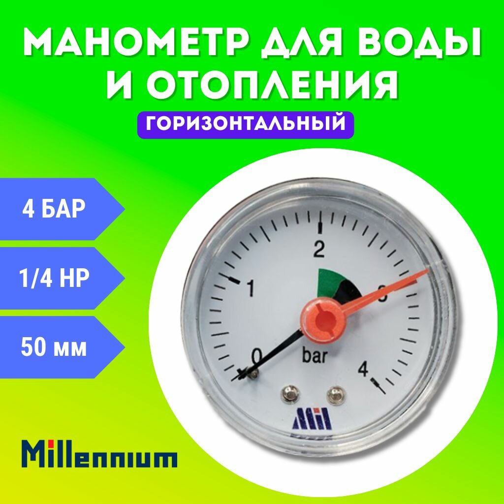 Манометр для воды и отопления горизонтальный 4 бар 1/4 НР Millennium