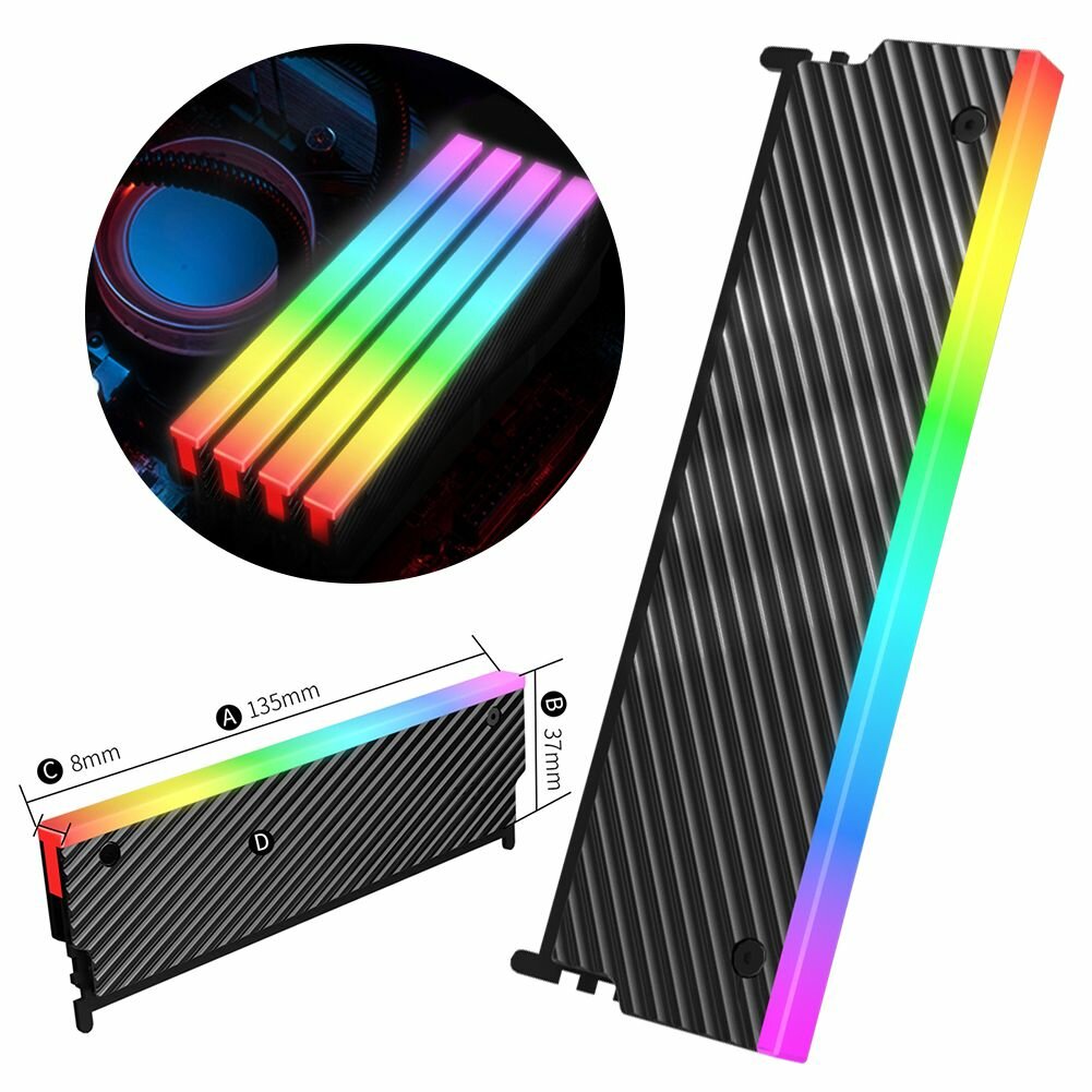 Радиатор оперативной памяти 5V 3PIN ARGB для DDR2 DDR3 DDR4 DDR5 с алюминиевым охлаждением и синхронизацией подсветки, универсальная совместимость, термосиликоновые прокладки, стильный дизайн для ПК