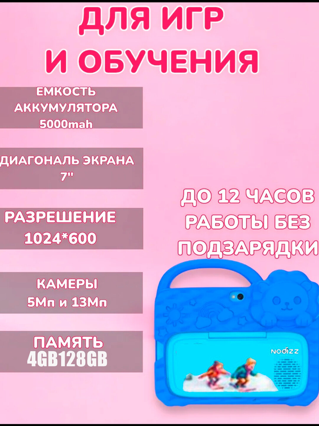 Детский Android-планшет NODIZZ-7 дюймов, 4/128ГБ, Wi-Fi, сеть 5G, 3200 мАч - Лазурный — фото 1