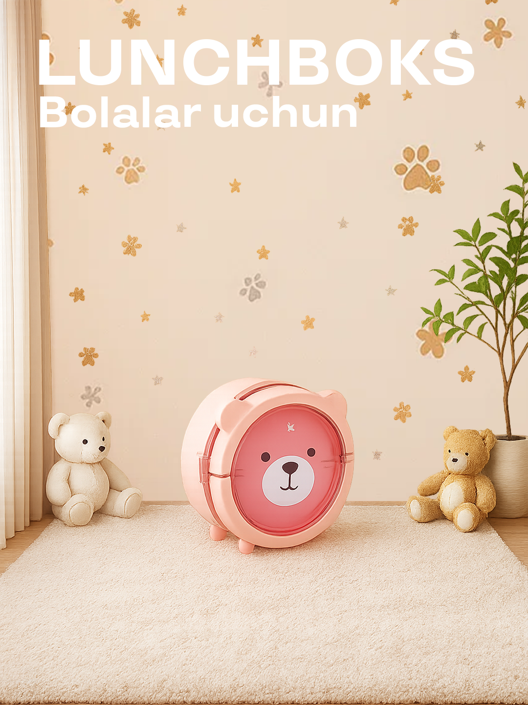 Детский круглый ланч-бокс с милой мордочкой мишки и прозрачной крышкой с ложкой