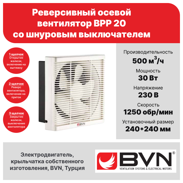 Реверсивный осевой вентилятор BVN BPP 20, приточный и вытяжной, со шнуровым выключателем, 500 м3/час, 30 Вт - фотография № 2