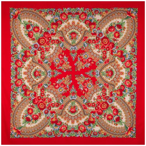 Платок Павловопосадская платочная мануфактура, 148х148 см, красный, бежевый