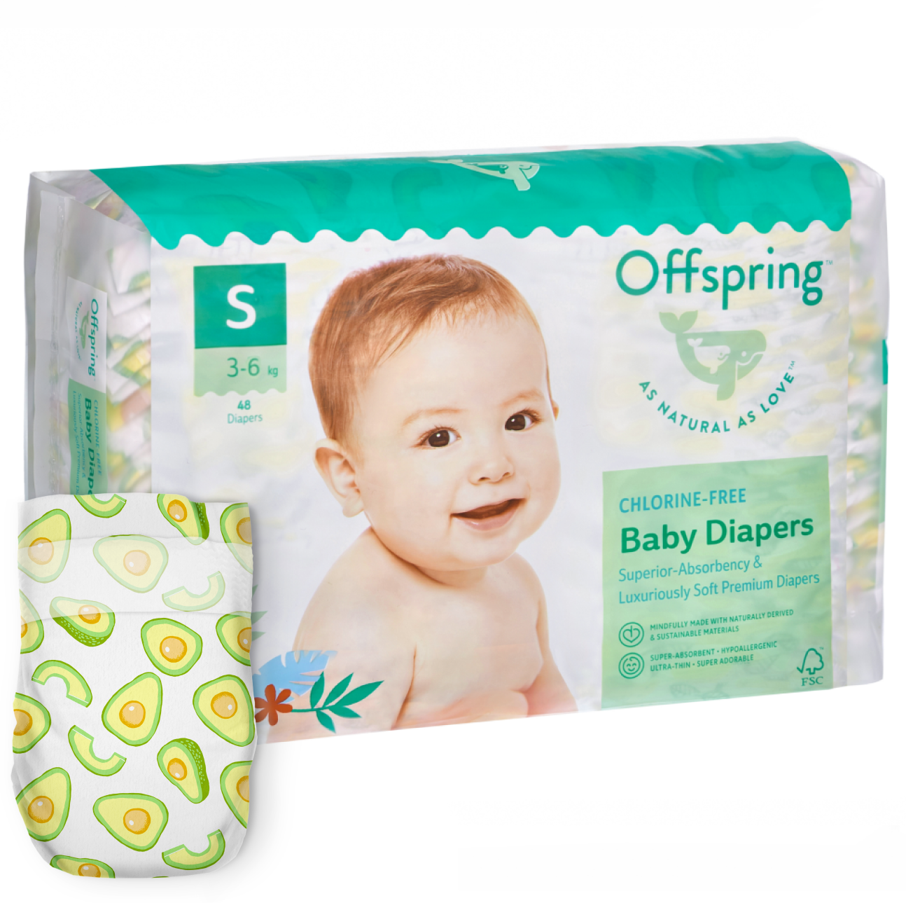 Offspring подгузники, S 3-6 кг. 48 шт. расцветка Авокадо