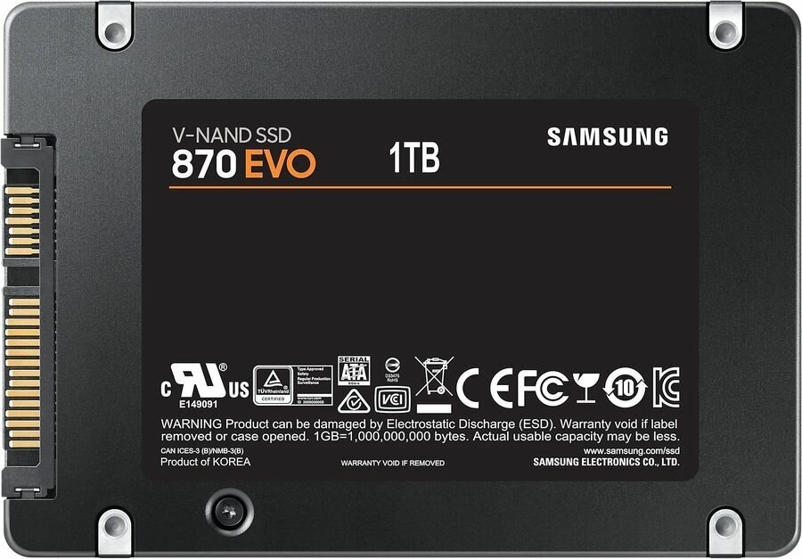 1024 ГБ 2.5" SATA накопитель SAMSUNG 870 EVO (MZ-77E1T0BW) - SATA III, чтение - 560 Мбайт/сек, запись - 530 Мбайт/сек, TLC 3D NAND