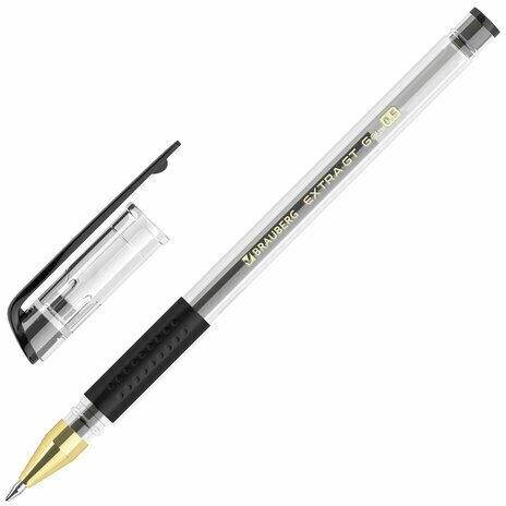 Ручка гелевая с грипом BRAUBERG "EXTRA GT GLD" черная, стандартный узел 0,5 мм, линия 0,35 мм, 24 шт