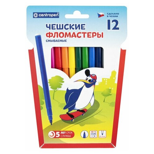 Фломастеры 12 цветов CENTROPEN Пингвины смываемые вентилируемый колпачок 7790/12ET, 4 шт