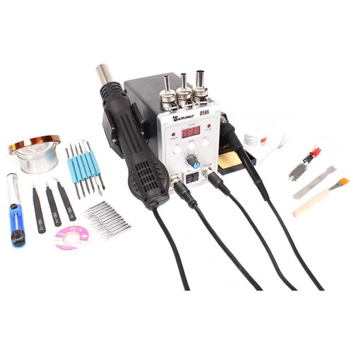 Паяльная станция термофен фен 8586 220В с феном 700Вт и паяльником 60Вт с регулировкой инструментами сменными насадками для SMD компонентов У 547700₽