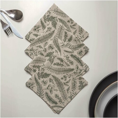 Набор сервировочный на стол, 4 салфетки (44х44 см). Декоративный текстиль для кухни. Полулен. (Травяной гербарий / Herbier d'Herbes).