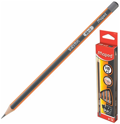 Набор карандашей чернографитных MAPED (Франция), 12 шт, «Black Peps», НВ, трехгранные, без резинки, 850021