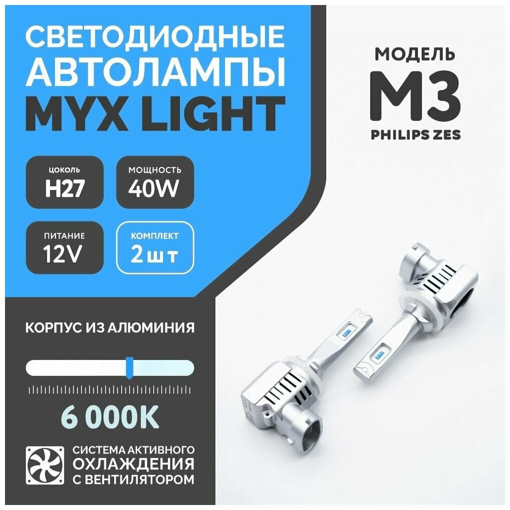 Светодиодные автомобильные лампы цоколь H27(880/881)  12V 40W LED чип ZES 6000K MYX M3 /без проводов/компакт цена за 2шт.