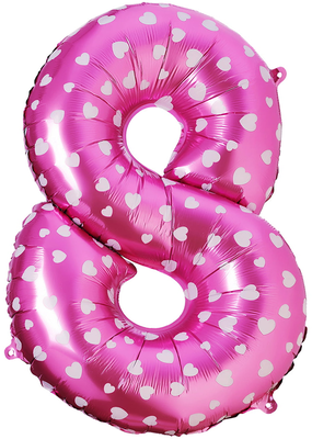 Воздушный шар фольгированный Riota Цифра 8, розовая + белые сердца, 102 см