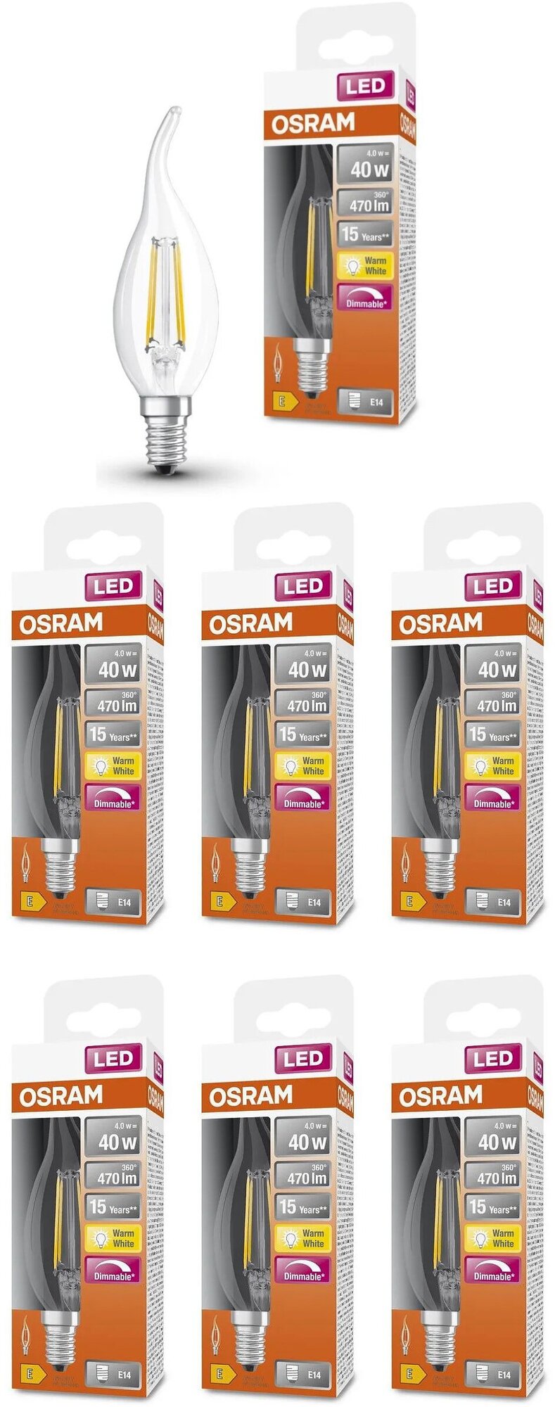 Лампочка светодиодная OSRAM Свеча на ветру BA E14 4Вт 220В 470Лм 2700К Теплый белый Филаментная Диммируемая упаковка 6шт