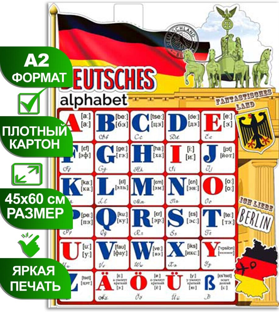 Обучающий плакат "Немецкий алфавит", формат А2, 45х60 см, картон