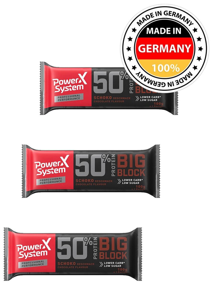 Протеиновый батончик с 50г белка / Power System Big Block Protein Bar (Шоколад) 3х100г / 50% белка с коллагеном для похудения и набора мышечной массы женщин и мужчин