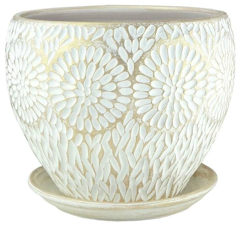 Горшок для цветов керамический с поддоном Астра классик белый жемчуг 6л оригинальный стиль (25-223) + Дренаж 1л
