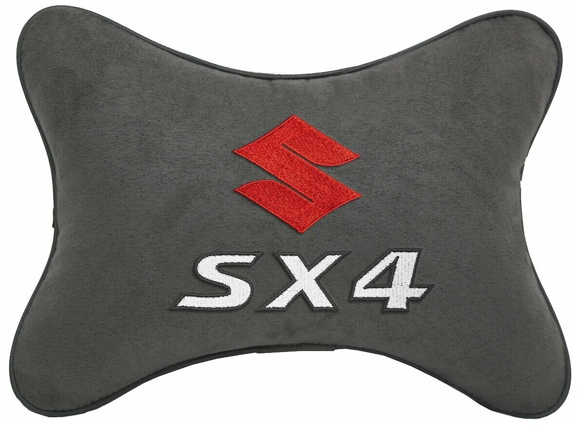 Автомобильная подушка на подголовник алькантара D.Grey с логотипом автомобиля SUZUKI SX-4