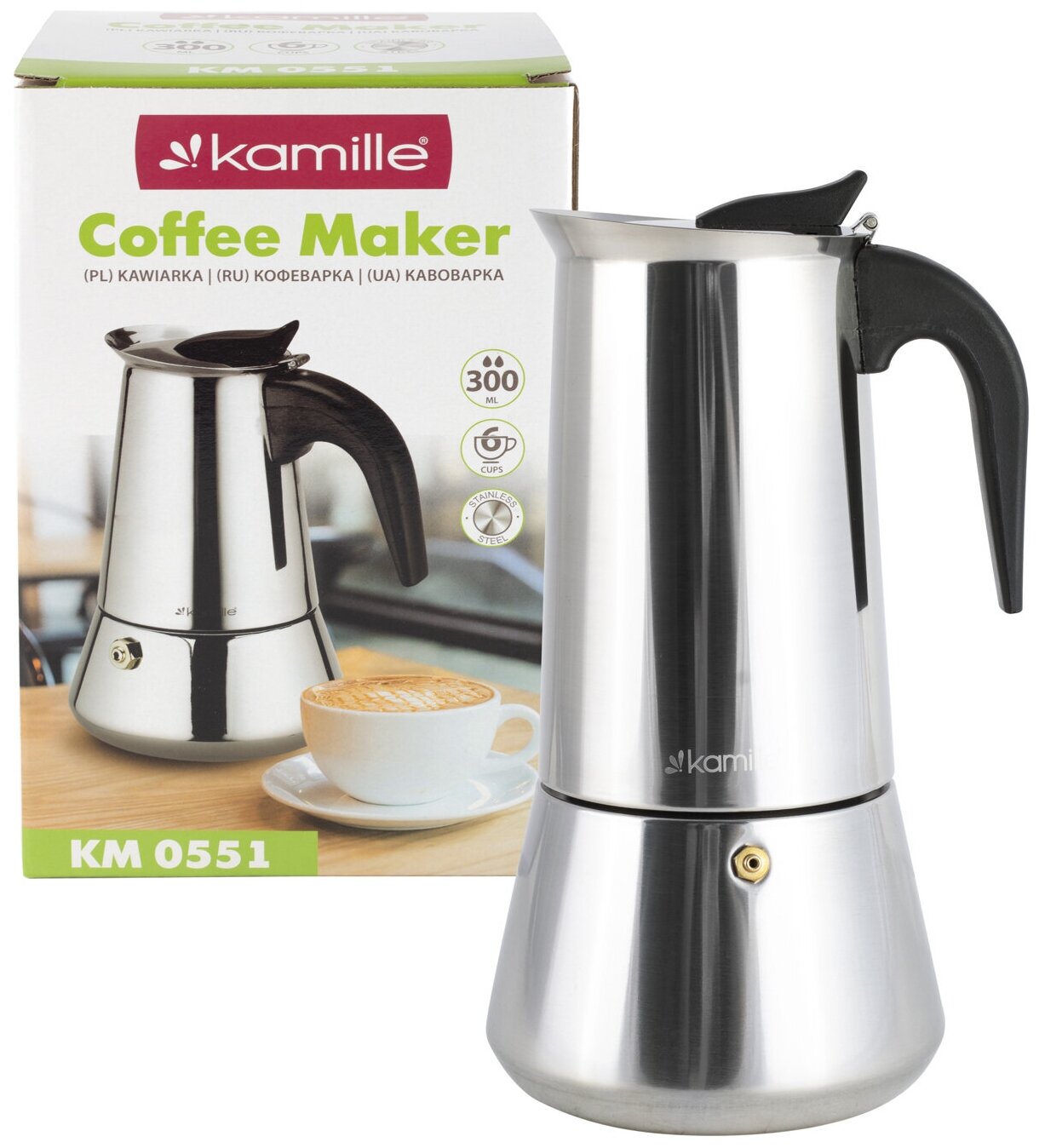Кофеварка гейзерная нержавеющая сталь Kamille KM-0551 (300 мл) 6 порций кофе