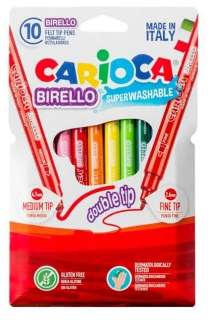 Набор фломастеров 10 цветов Carioca Birello (линия 2.6мм и 4.7мм, двусторонние, смываемые) картонная упаковка, 10шт. (41438)