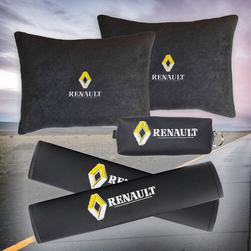 Подарочный набор автомобилиста из черного велюра для Renault (рено) (две автомобильные подушки, ключница и накладки на ремень безопасности)