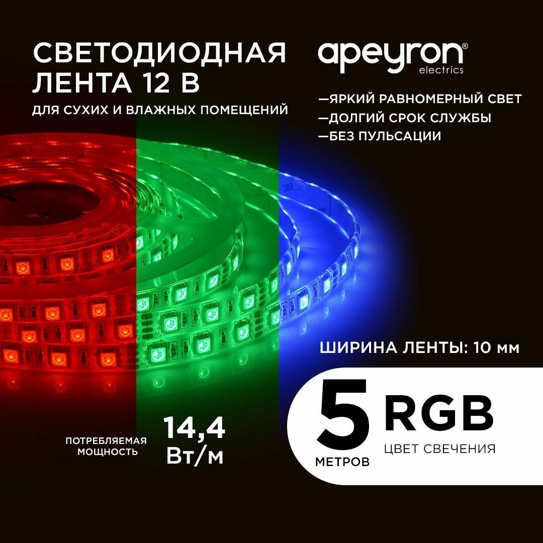 Яркая светодиодная лента в блистере с напряжением 12В, RBG, 60д/м / 14,4Вт/м / smd5050 / IP65 / длина 5 метров, ширина 10 мм / гарантия 1 год