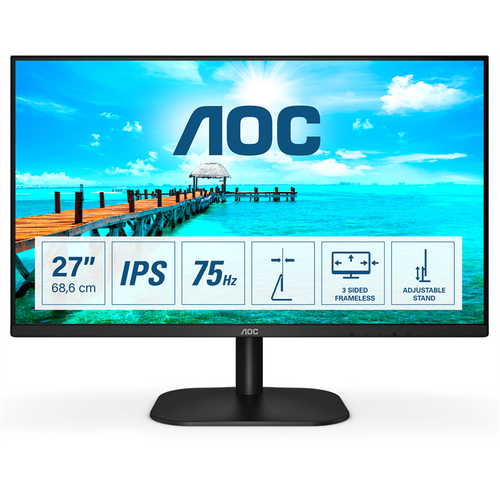 AOC Монитор LCD 27' 16:9 1920х1080(FHD) IPS, nonGLARE, 250cd/m2, H178°/V178°, 1000:1, 20M:1, 16.7M, 4ms, VGA, DVI, HDMI, Tilt, Speakers, 3Y, Black