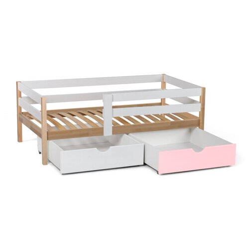 Кровать Scandi Sofa с бортиком (Wood &White, 160х80, С вместительным ящиком, Белый, Розовый)