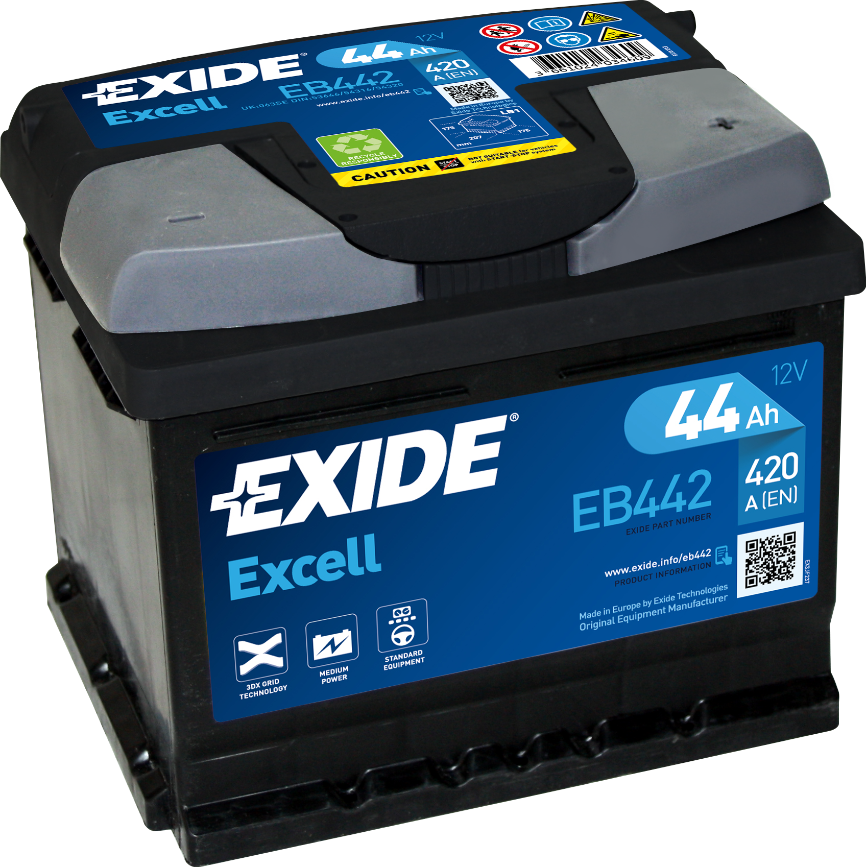 Акб excell 44ah 420a 207x175x175 (-+), exide, eb442