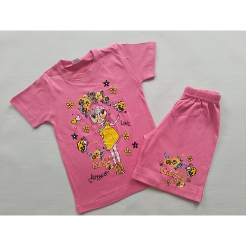 Комплект футболка шорты 3 года розовый /Футболка принт девочка в очках/Футболка шорты для девочки