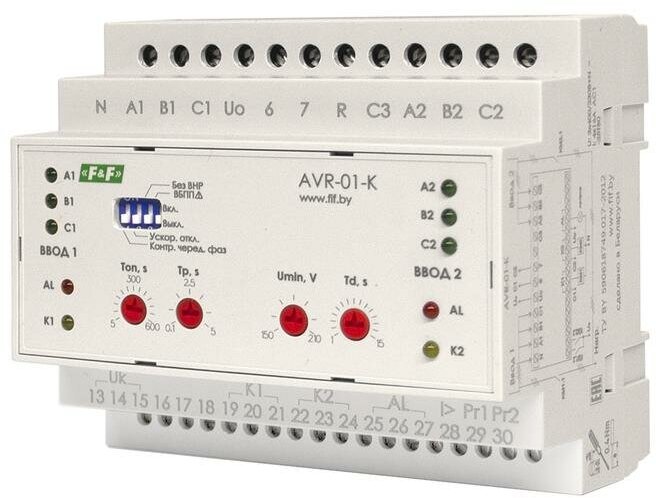 Устройство управления резервным питанием AVR-01-K (2 ввода; 1 нагрузка 35мм 3х400В+N 2х16А 2P IP20 монтаж на DIN-рейке) F&F EA04.006.001