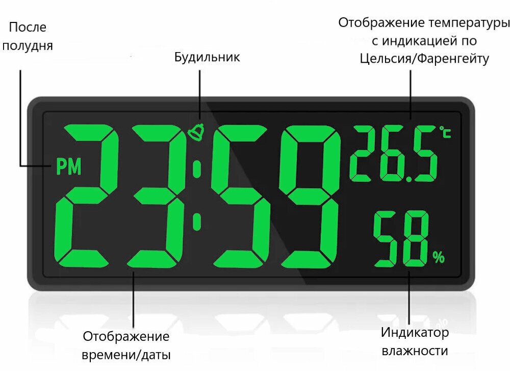 Часы большие/Светодиодные цифровые часы, дисплей с большими цифрами, температура и влажность - фотография № 5