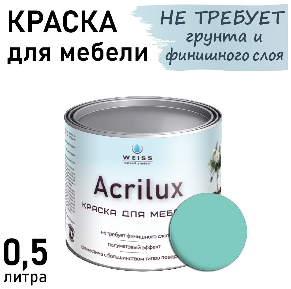 Краска Acrilux для мебели 0,5л RAL 6027, для кухонных фасадов, для декора, для творчества, моющаяся. без запаха