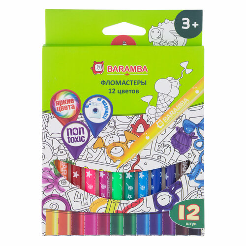 Фломастеры Baramba 12 цветов на водной основе в цветной коробке с европодвесом