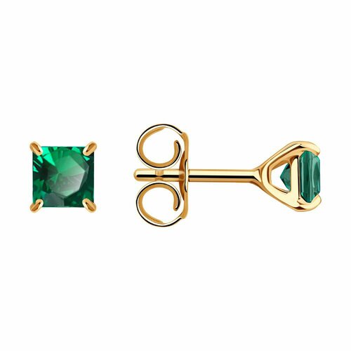фото Серьги пусеты diamant online, красное золото, 585 проба, изумруд синтетический, длина 0.7 см, , зеленый