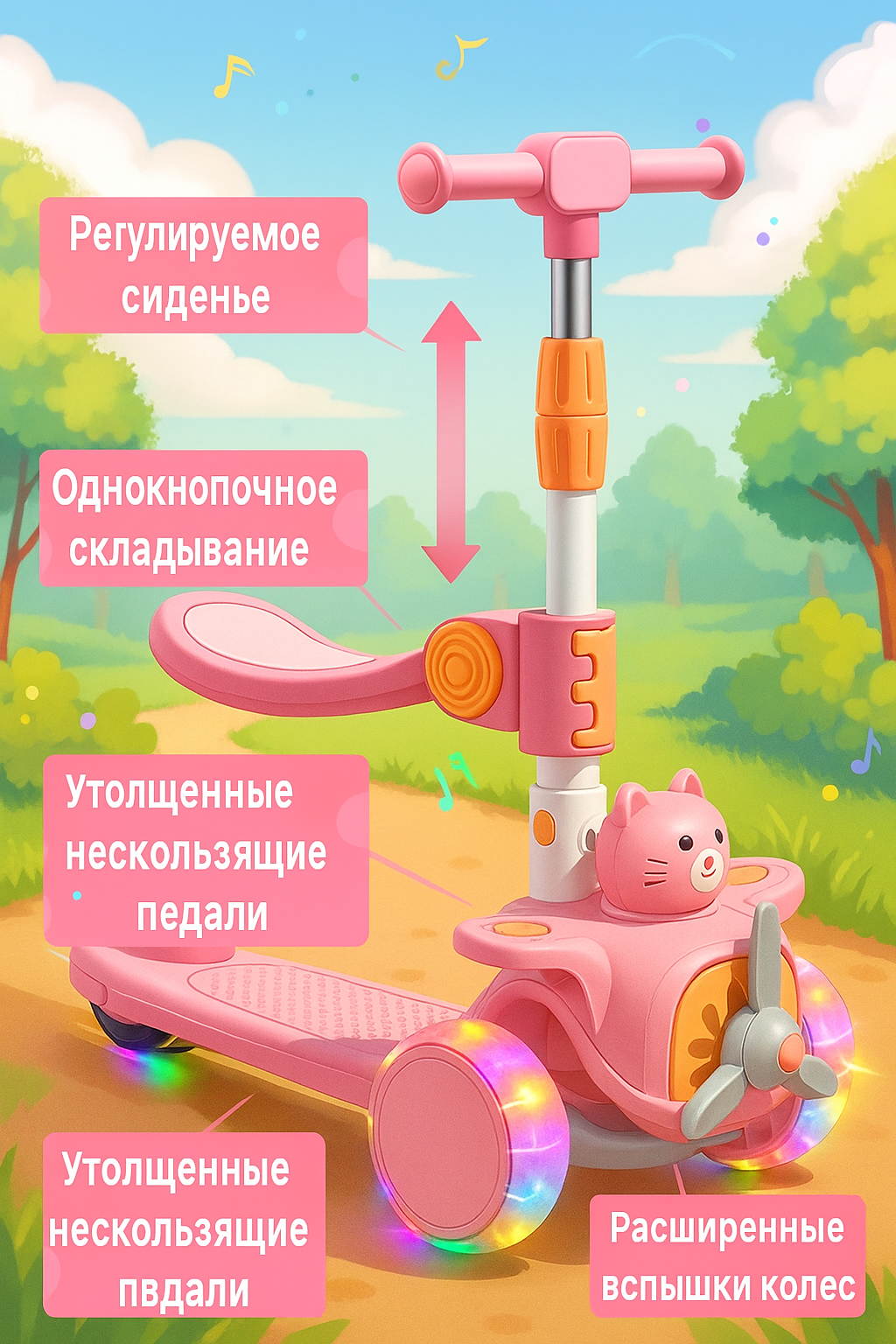 Детский самокат, со светящимися колёсами и музыкой, детский самокат с сиденьем для детей от 2 до 6 лет