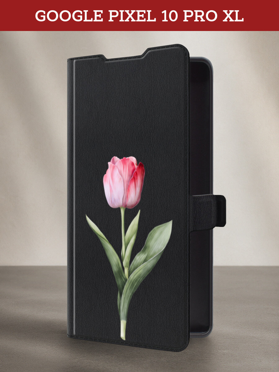 Чехол-книжка на Google Pixel 10 Pro XL / Гугл Пиксель 10 Про XL с принтом Розовый тюльпан фото, черный