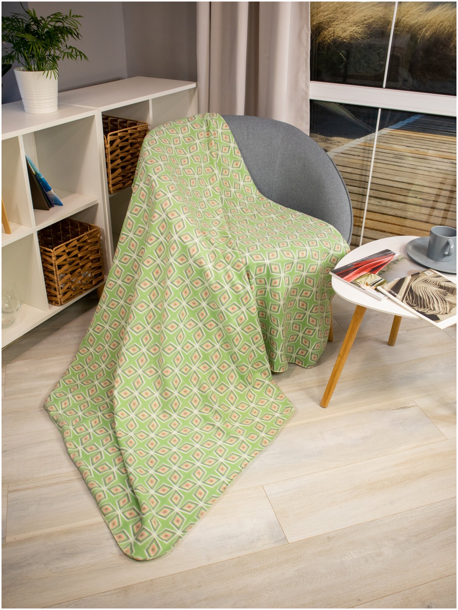 Плед БельВита "Калейдоскоп", флис, 130x170, 1,5-спальный, терморегуляция, зеленый — фото 1