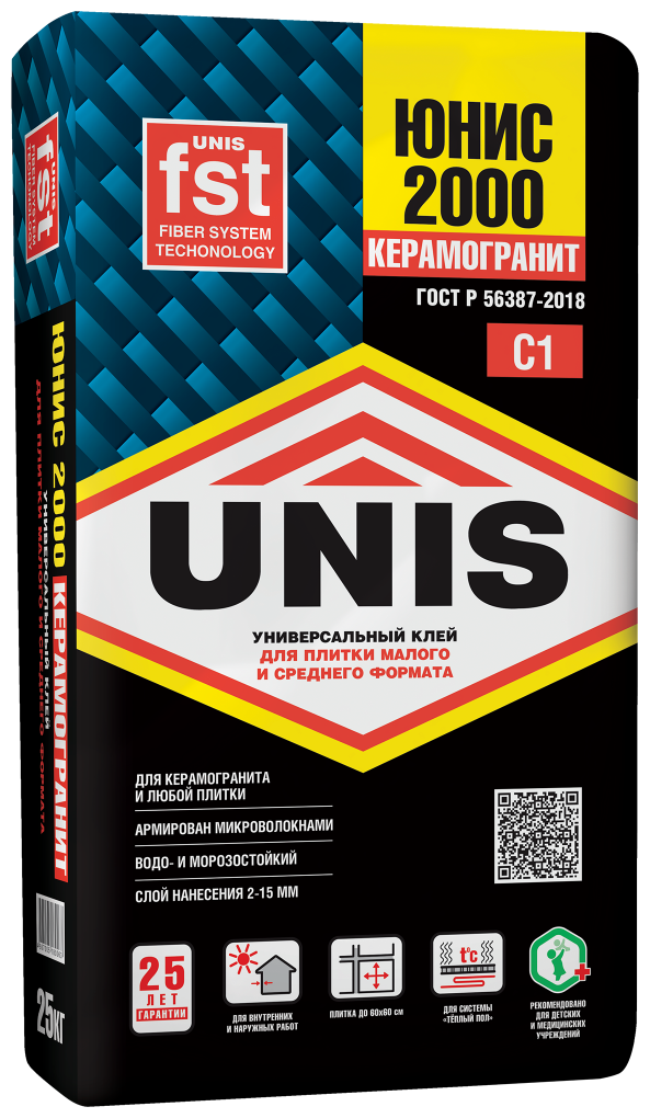 Юнис 2000 клей плиточный (25кг) / UNIS 2000 клей для плитки и камня (класс С1) (25кг)