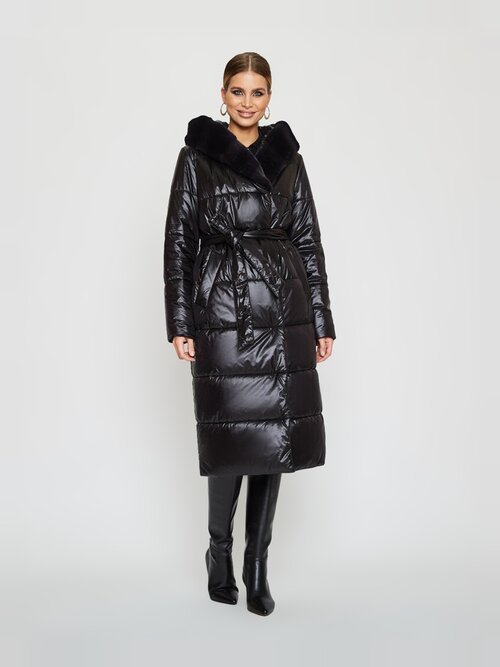Куртка  Electrastyle, демисезон/зима, удлиненная, силуэт полуприлегающий, утепленная, подкладка, капюшон, отделка мехом, карманы, пояс/ремень, размер 54, черный