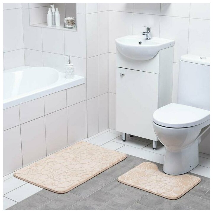 Набор ковриков для ванной и туалета Доляна 'Галька, ракушки', 2 шт: 39х40, 50х80 см, цвет бежевый