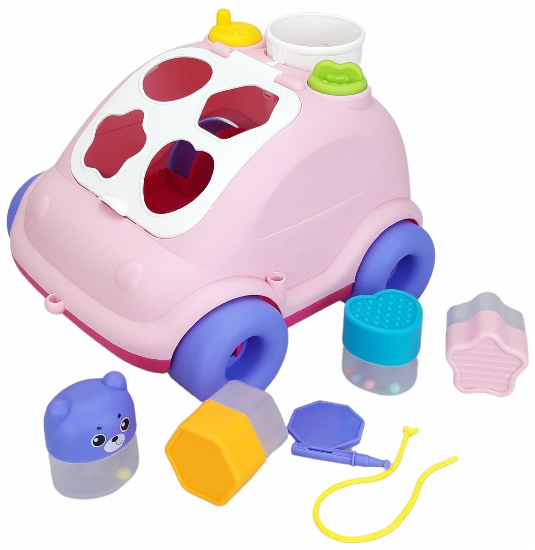 Сортер для малышей Машинка розовая развивающая игрушка от 1 года каталка с веревочкой