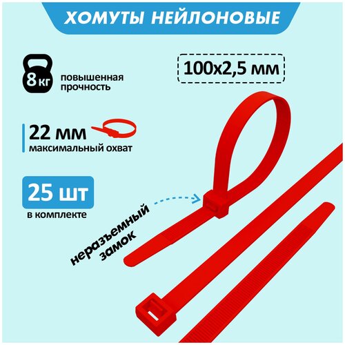 Хомут-стяжкa нeйлонoвая REXANT 100x2,5 мм, красная, упаковка 25 шт.